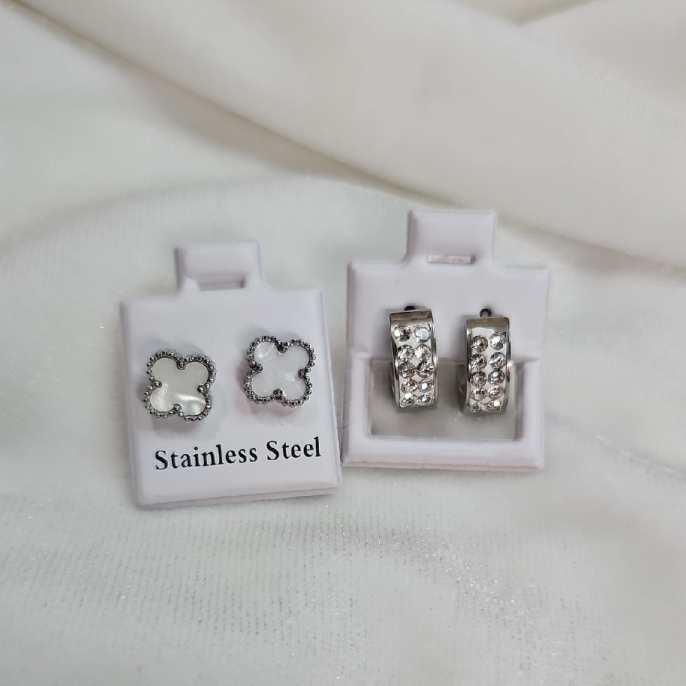 Women's Lot of 2 Stainless Steel Clover Hoop Earrings White Silver Rhinestones